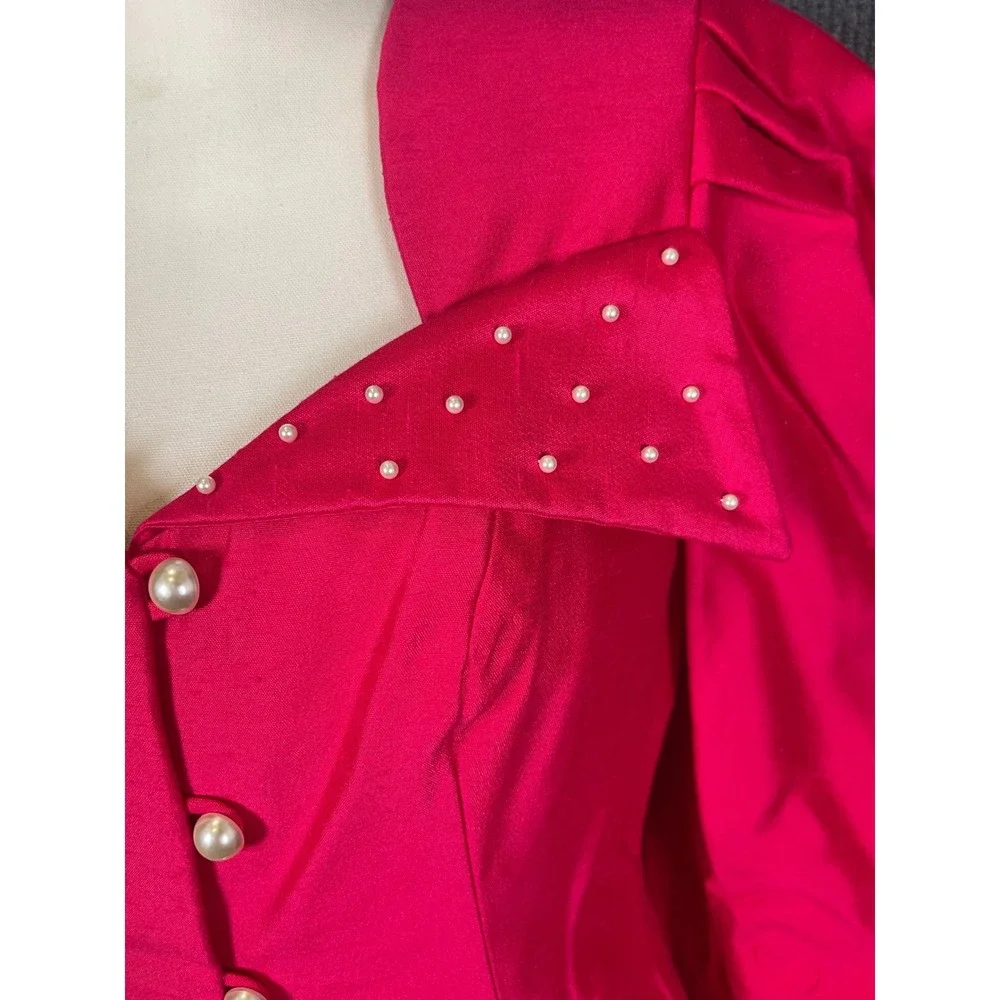 Vintage 80s Hot Pink Maxi Skirt Suit Set S/M Hot Pink Pearl Puff Sleeve USA Glam